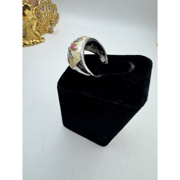 Pretty Costume Jewelry Ring Silver Tone And Enamel Whit Rhinestone  Ring Sz 10 - Picture 9 of 12